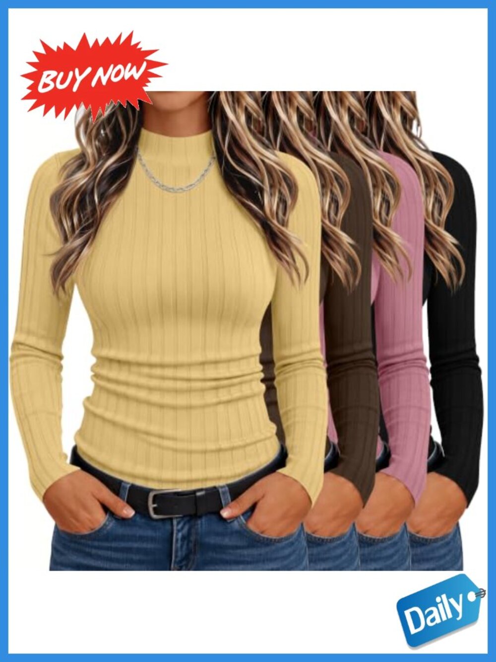 4 Pack Womens Cotton Turtleneck Long Sleeve Shirts Slim Fit Ribbed